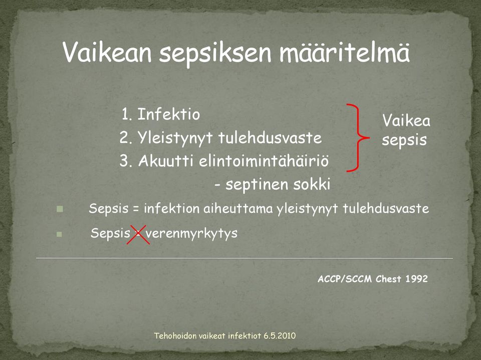 Akuutti elintoimintähäiriö - septinen sokki Vaikea