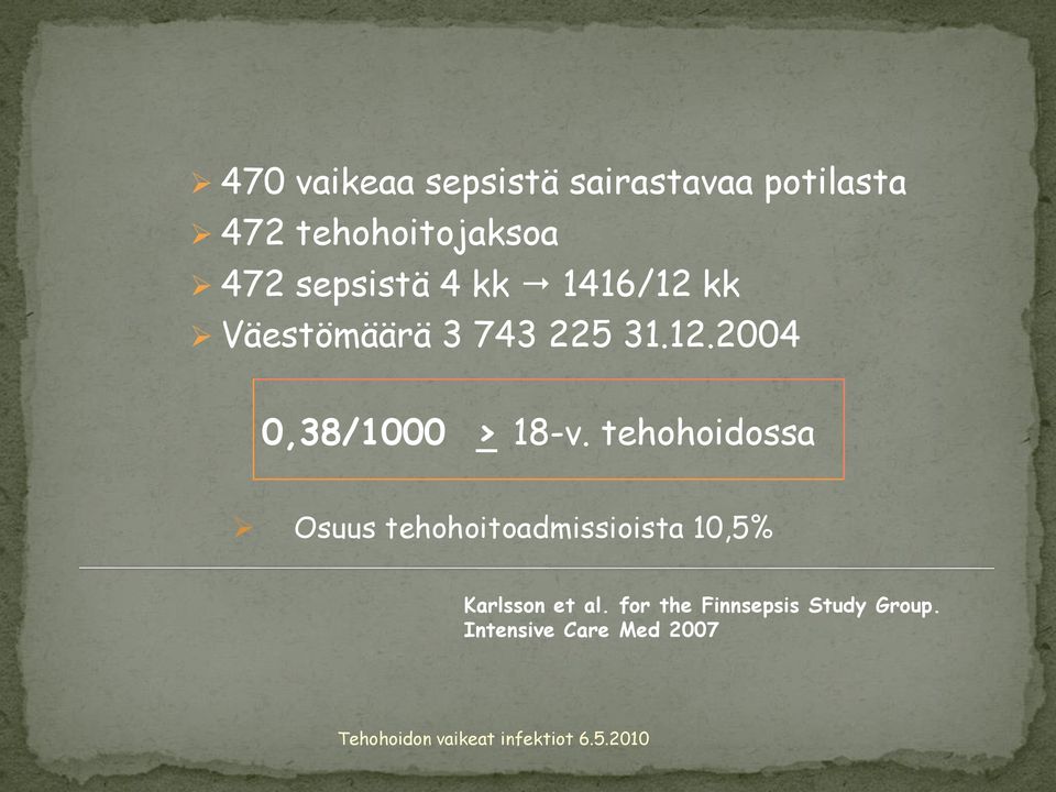 tehohoidossa Osuus tehohoitoadmissioista 10,5% Karlsson et al.