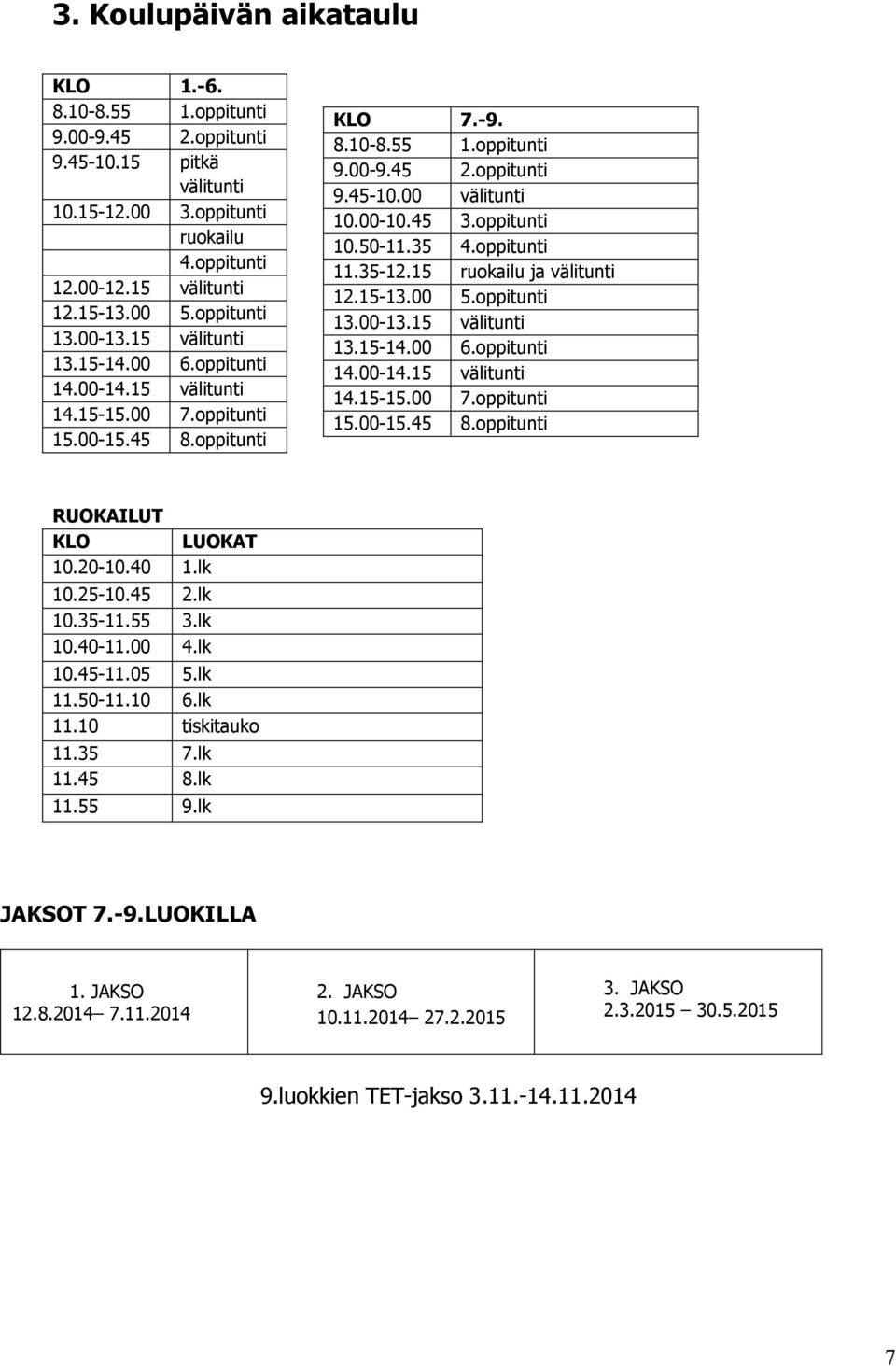 45 3.oppitunti 10.50-11.35 4.oppitunti 11.35-12.15 ruokailu ja välitunti 12.15-13.00 5.oppitunti 13.00-13.15 välitunti 13.15-14.00 6.oppitunti 14.00-14.15 välitunti 14.15-15.00 7.oppitunti 15.00-15.