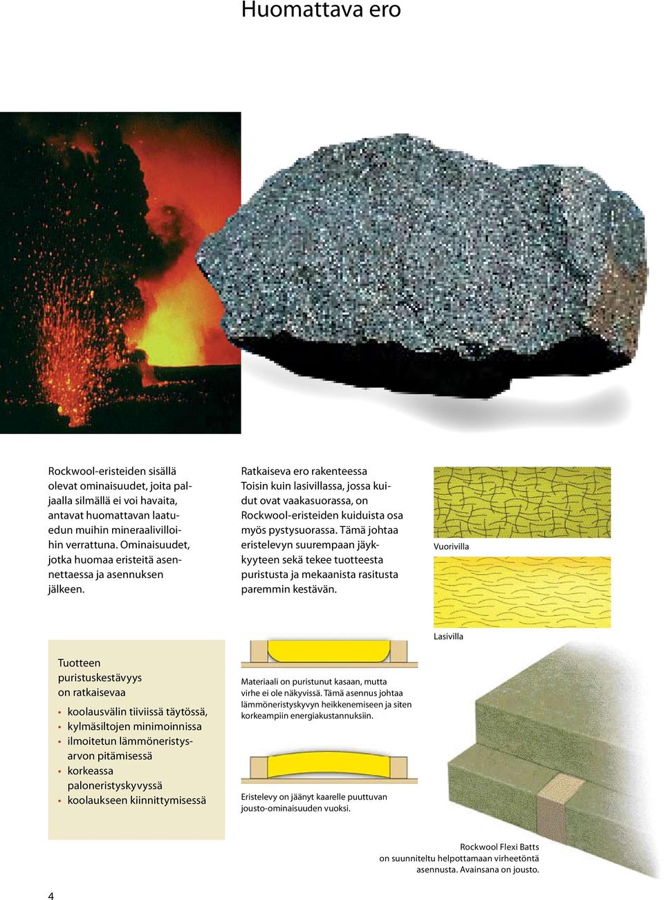 Ratkaiseva ero rakenteessa Toisin kuin lasivillassa, jossa kuidut ovat vaakasuorassa, on Rockwool-eristeiden kuiduista osa myös pystysuorassa.