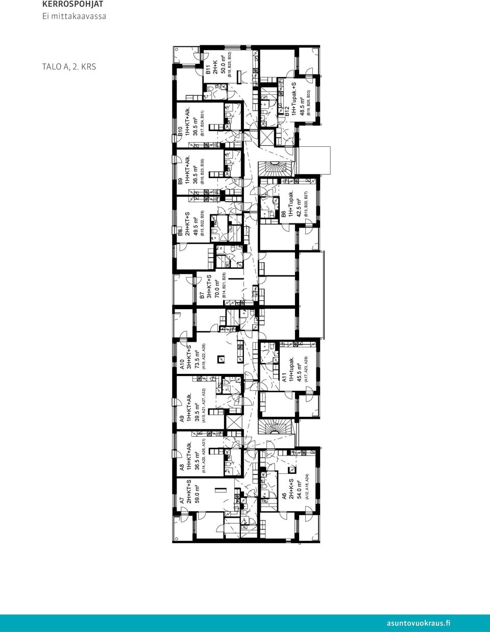 0 m² (A14, A20, A26, A31) (A15, A21, A27, A32) (A16, A22, A28) (B14, B21, B28) B12 1H+Tupak.+S 48.5 m² B6 1H+Tupak. 42.5 m² Oikeudet muutoksiin pidetään.