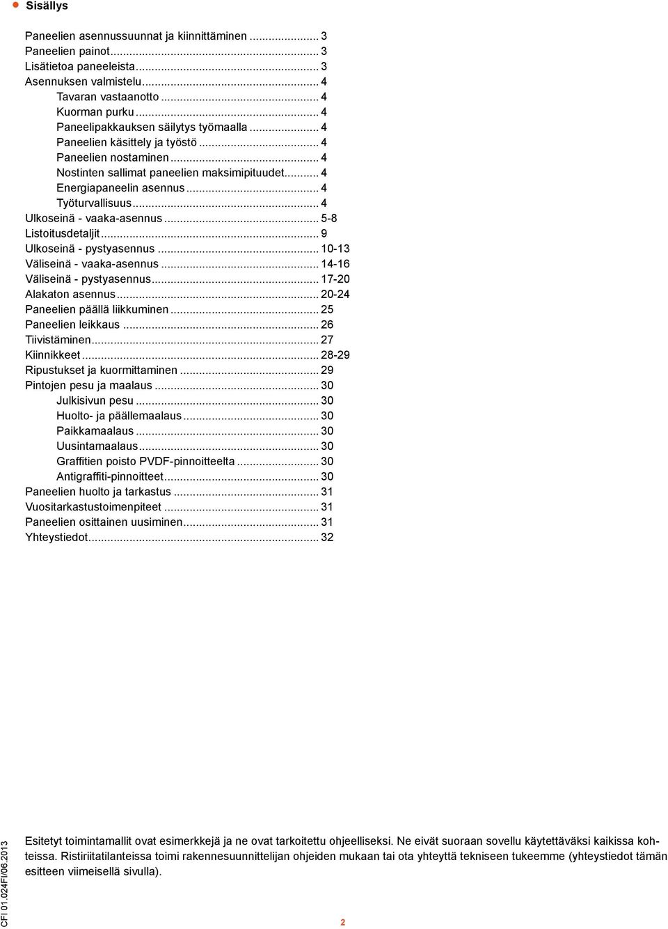 .. 4 Työturvallisuus... 4 Ulkoseinä - vaaka-asennus... 5-8 Listoitusdetaljit... 9 Ulkoseinä - pystyasennus... 10-13 Väliseinä - vaaka-asennus... 14-16 Väliseinä - pystyasennus... 17-20 Alakaton asennus.