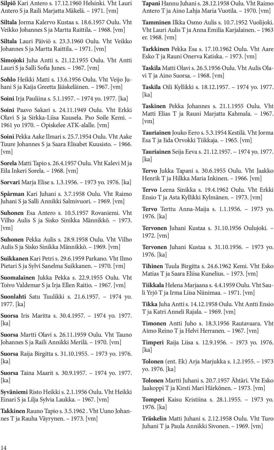 6.1956 Oulu. Vht Veijo Juhani S ja Kaija Greetta Jääskeläinen. 1967. Soini Irja Pauliina s. 5.1.1957. 1974 yo. 1977. Soini Paavo Sakari s. 24.11.1949 Oulu. Vht Erkki Olavi S ja Sirkka-Liisa Kuusela.