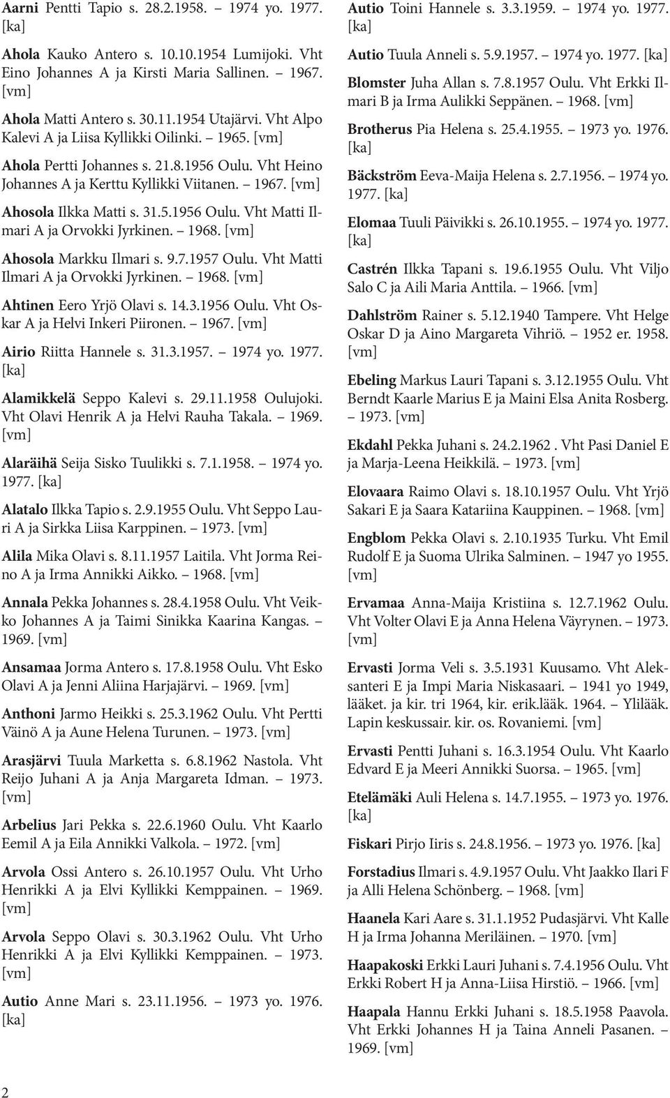 1968. Ahosola Markku Ilmari s. 9.7.1957 Oulu. Vht Matti Ilmari A ja Orvokki Jyrkinen. 1968. Ahtinen Eero Yrjö Olavi s. 14.3.1956 Oulu. Vht Oskar A ja Helvi Inkeri Piironen. 1967.