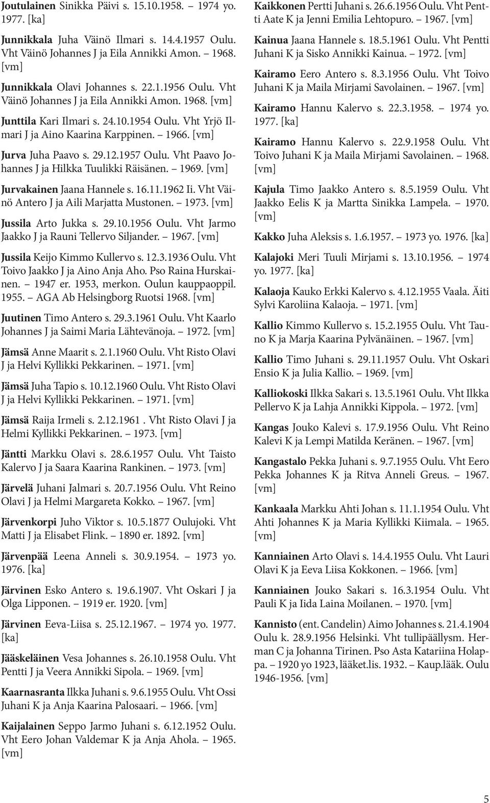 Vht Paavo Johannes J ja Hilkka Tuulikki Räisänen. 1969. Jurvakainen Jaana Hannele s. 16.11.1962 Ii. Vht Väinö Antero J ja Aili Marjatta Mustonen. 1973. Jussila Arto Jukka s. 29.10.1956 Oulu.