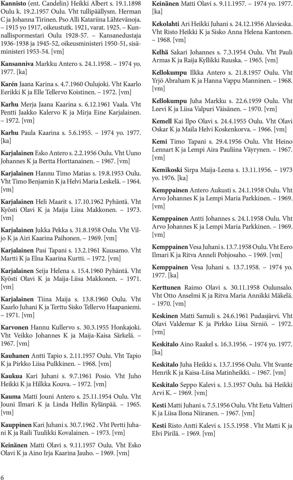 Vht Kaarlo Eerikki K ja Elle Tellervo Koistinen. 1972. Karhu Merja Jaana Kaarina s. 6.12.1961 Vaala. Vht Pentti Jaakko Kalervo K ja Mirja Eine Karjalainen. 1972. Karhu Paula Kaarina s. 5.6.1955.