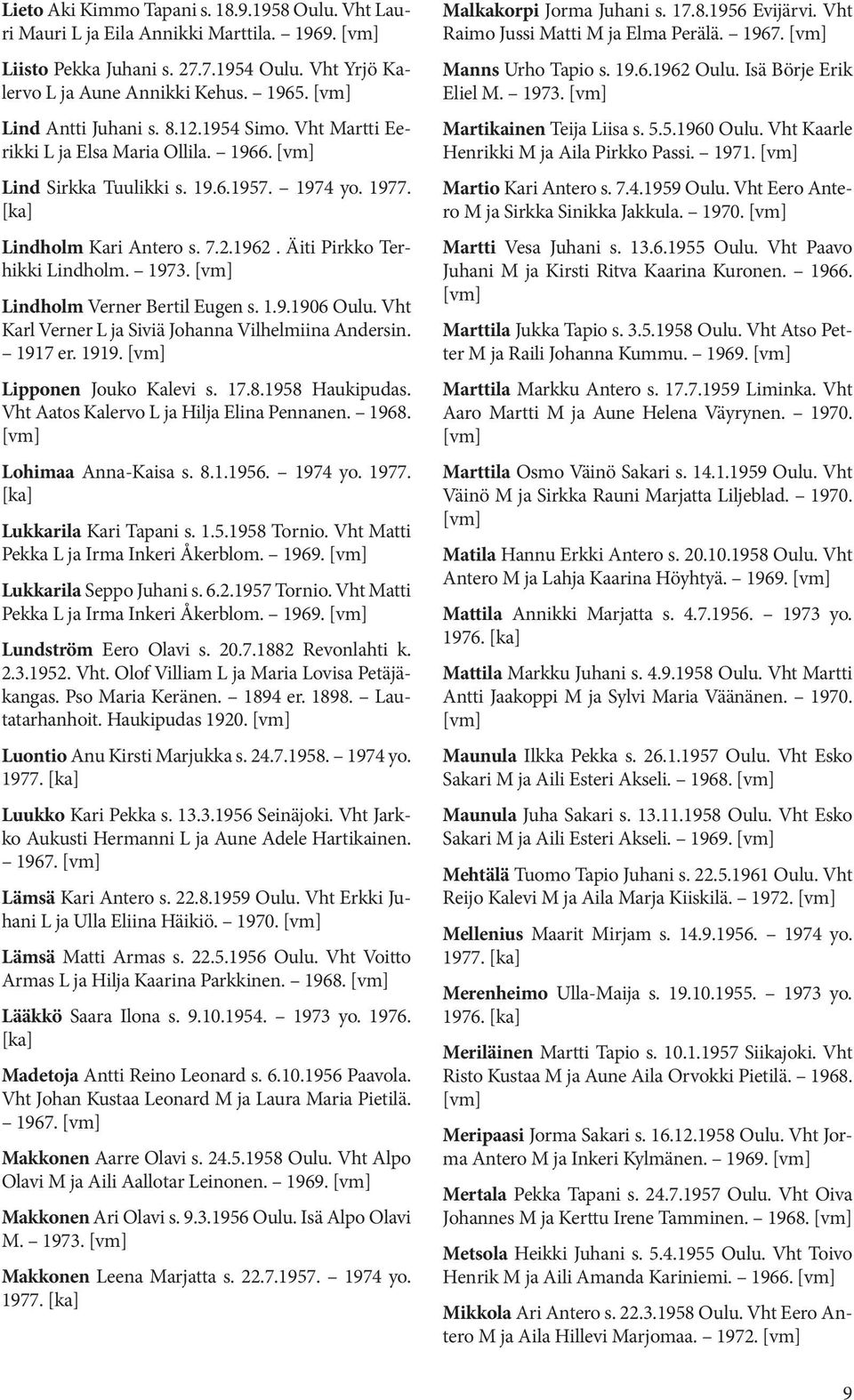 Lindholm Verner Bertil Eugen s. 1.9.1906 Oulu. Vht Karl Verner L ja Siviä Johanna Vilhelmiina Andersin. 1917 er. 1919. Lipponen Jouko Kalevi s. 17.8.1958 Haukipudas.