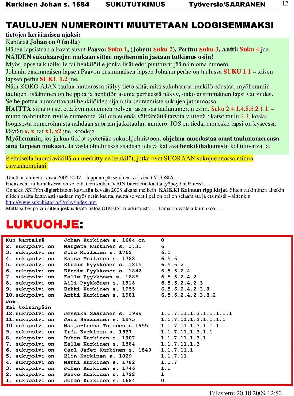 2), Perttu: Suku 3, Antti: Suku 4 jne. NÄIDEN sukuhaarojen mukaan sitten myöhemmin jaetaan tutkimus osiin! Myös lapsena kuolleille tai henkilöille jonka lisätiedot puuttuvat jää näin oma numero.