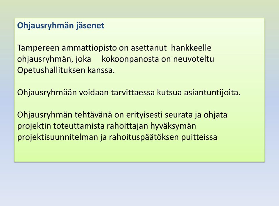 Ohjausryhmään voidaan tarvittaessa kutsua asiantuntijoita.