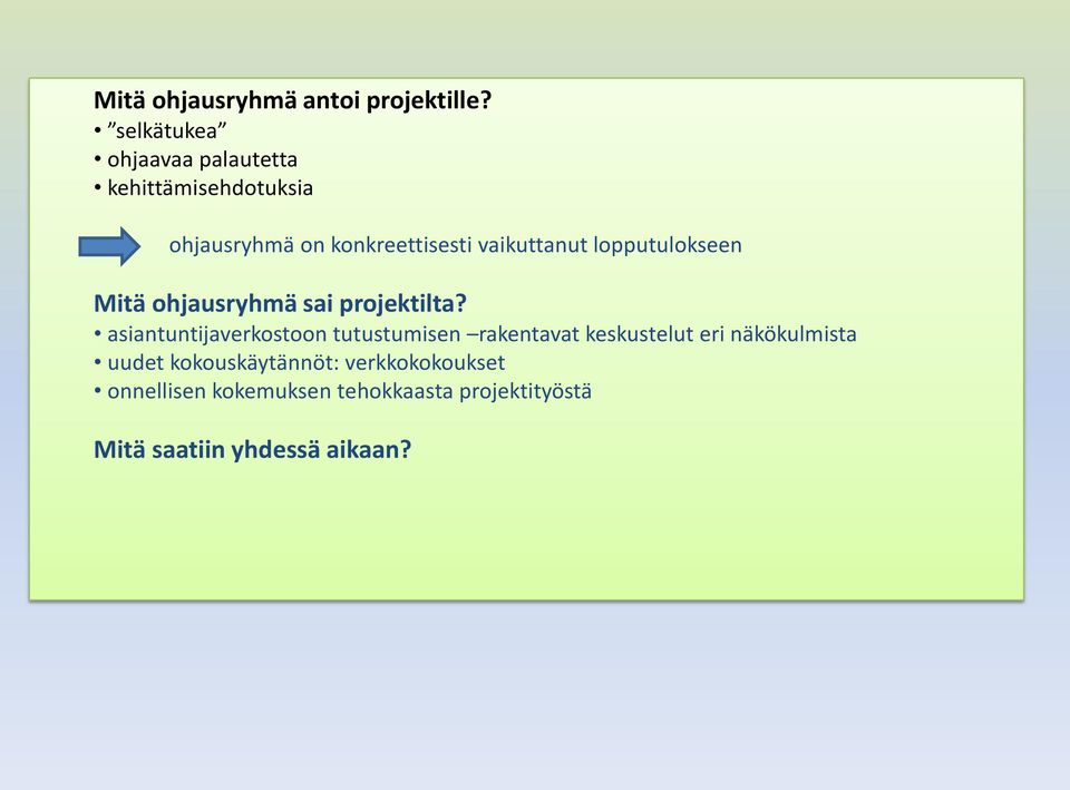 vaikuttanut lopputulokseen Mitä ohjausryhmä sai projektilta?