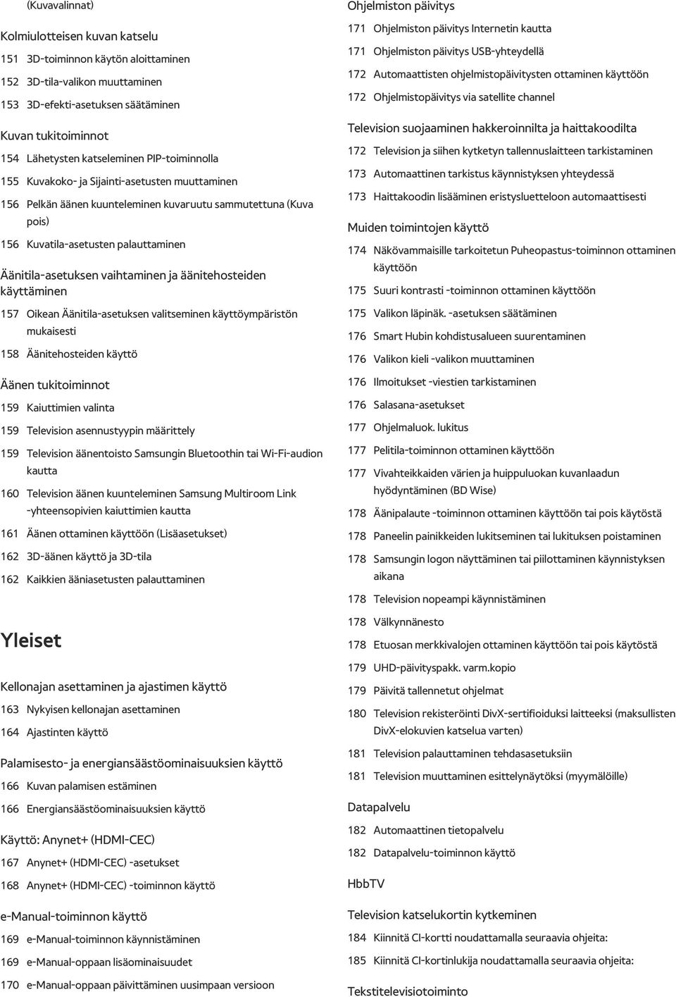 ja äänitehosteiden käyttäminen 157 Oikean Äänitila-asetuksen valitseminen käyttöympäristön mukaisesti 158 Äänitehosteiden käyttö Äänen tukitoiminnot 159 Kaiuttimien valinta 159 Television