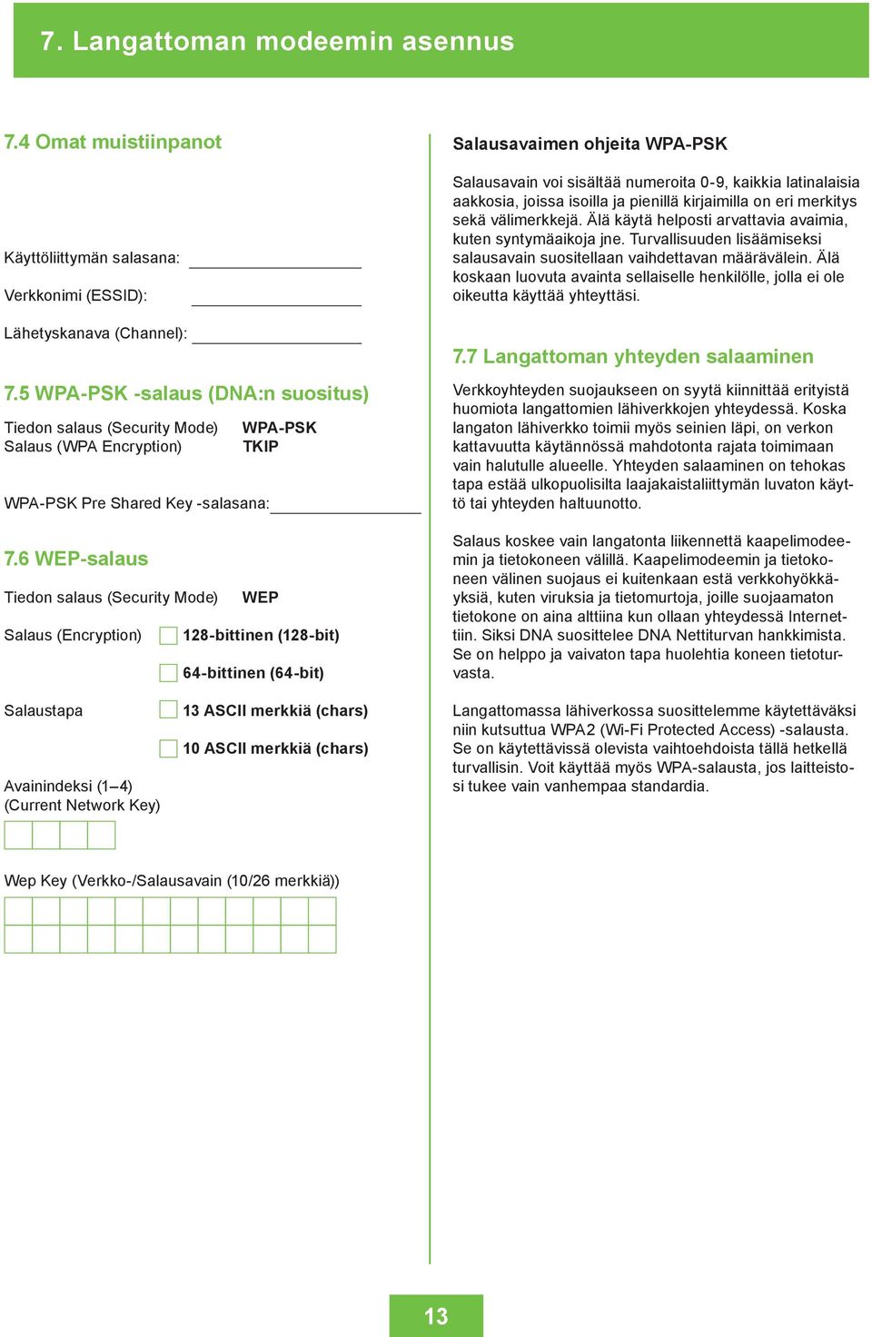 6 WEP-salaus Tiedon salaus (Security Mode) WEP Salaus (Encryption) 128-bittinen (128-bit) 64-bittinen (64-bit) Salausavaimen ohjeita WPA-PSK Salausavain voi sisältää numeroita 0-9, kaikkia