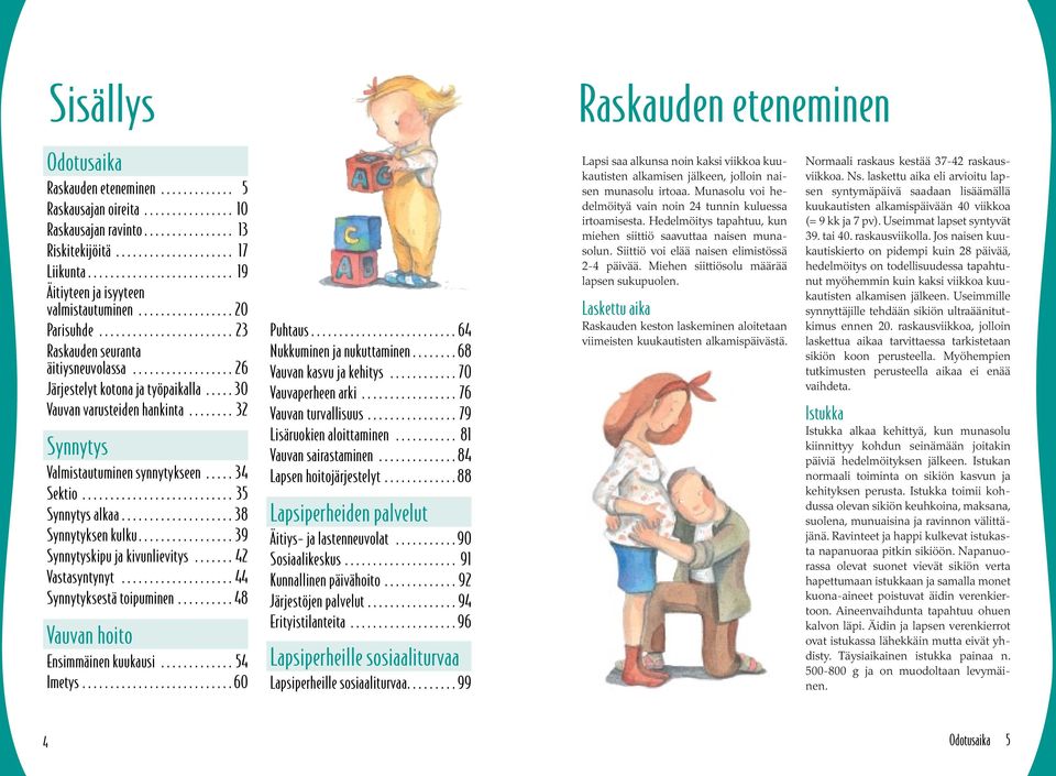 .. 35 Synnytys alkaa... 38 Synnytyksen kulku... 39 Synnytyskipu ja kivunlievitys... 42 Vastasyntynyt... 44 Synnytyksestä toipuminen... 48 Vauvan hoito Ensimmäinen kuukausi... 54 Imetys... 60 Puhtaus.