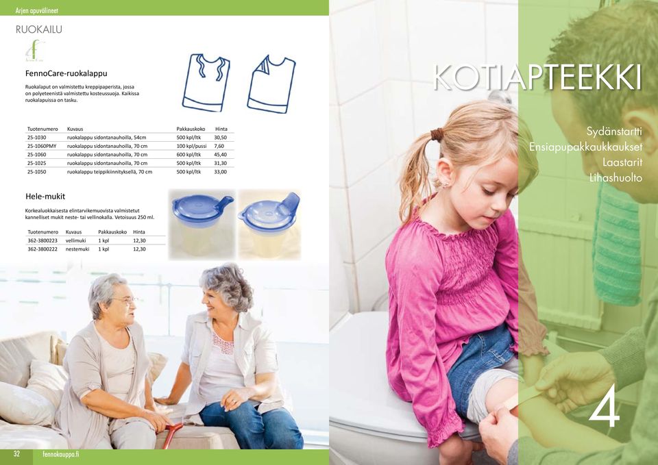 kpl/ltk 45,40 25-1025 ruokalappu sidontanauhoilla, 70 cm 500 kpl/ltk 31,30 25-1050 ruokalappu teippikiinnityksellä, 70 cm 500 kpl/ltk 33,00 Sydänstartti Ensiapupakkaukkaukset Laastarit