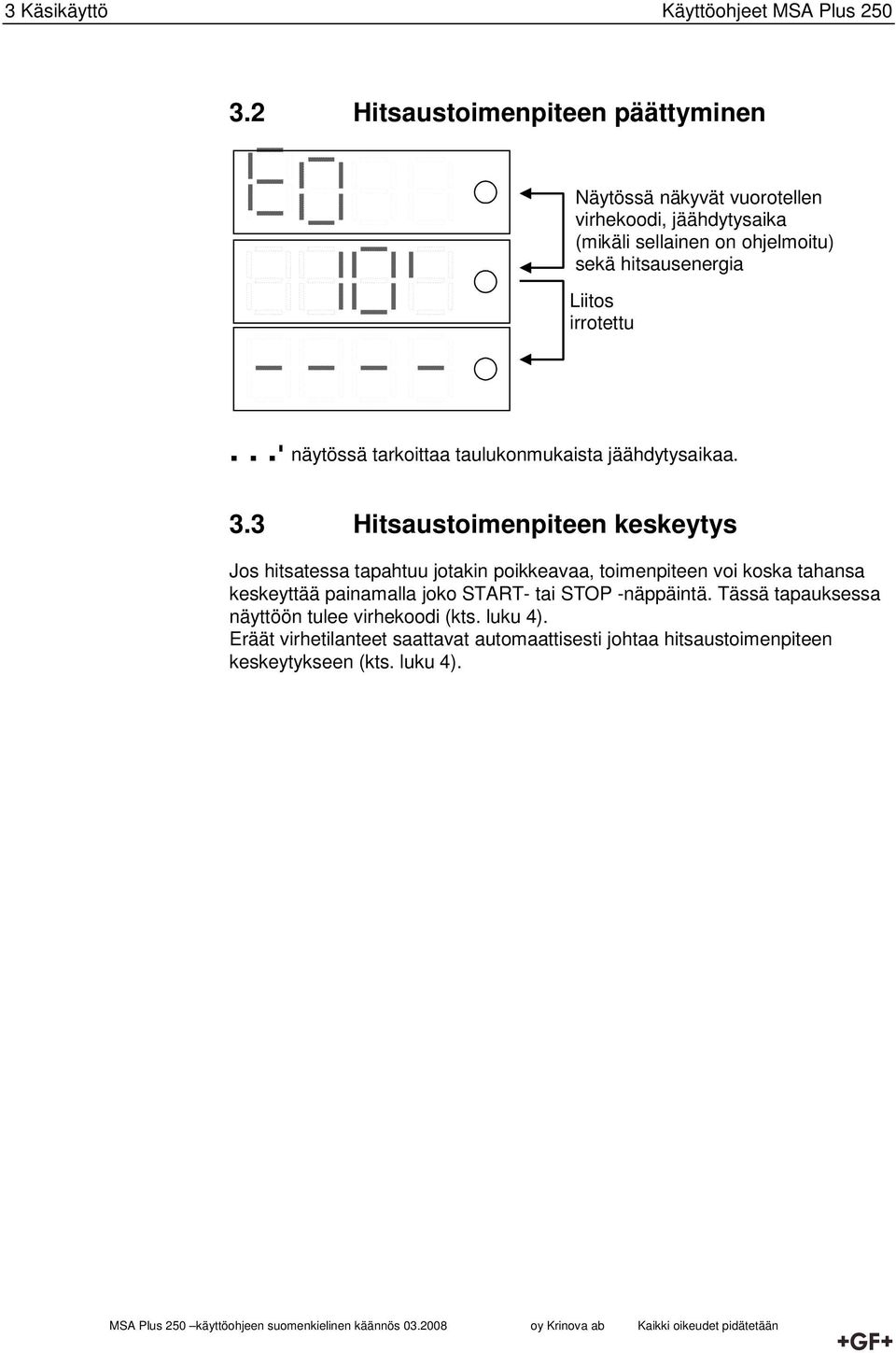 Liitos irrotettu... näytössä tarkoittaa taulukonmukaista jäähdytysaikaa. 3.