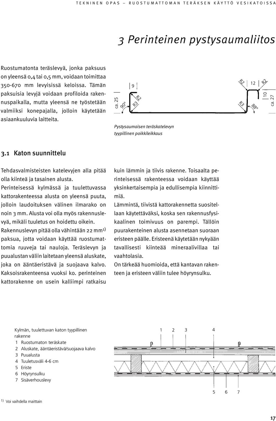 Pystysaumaisen teräskatelevyn tyypillinen poikkileikkaus 3.1 Katon suunnittelu Tehdasvalmisteisten katelevyjen alla pitää kuin lämmin ja tiivis rakenne. Toisaalta pe- olla kiinteä ja tasainen alusta.