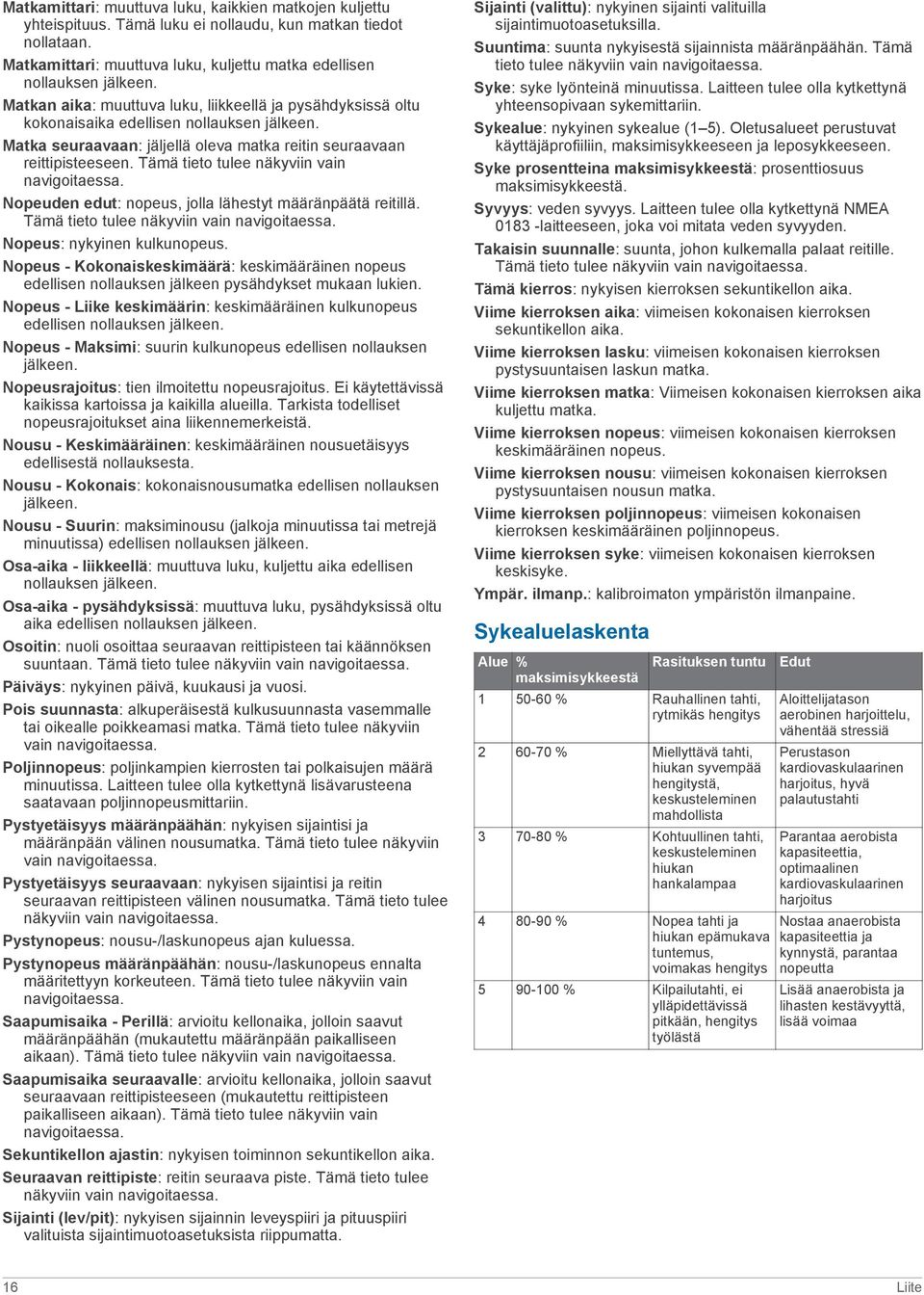 Tämä tieto tulee näkyviin vain navigoitaessa. Nopeuden edut: nopeus, jolla lähestyt määränpäätä reitillä. Tämä tieto tulee näkyviin vain navigoitaessa. Nopeus: nykyinen kulkunopeus.