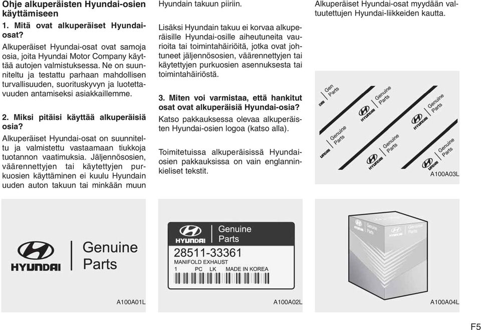 Alkuperäiset Hyundai-osat on suunniteltu ja valmistettu vastaamaan tiukkoja tuotannon vaatimuksia.