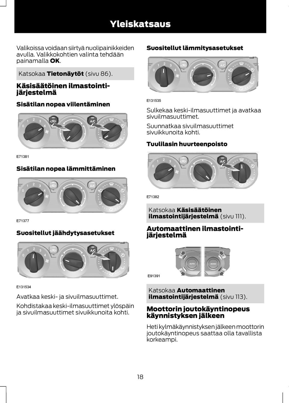 Tuulilasin huurteenpoisto E71381 Sisätilan nopea lämmittäminen E71382 E71377 Suositellut jäähdytysasetukset Katsokaa Käsisäätöinen ilmastointijärjestelmä (sivu 111).