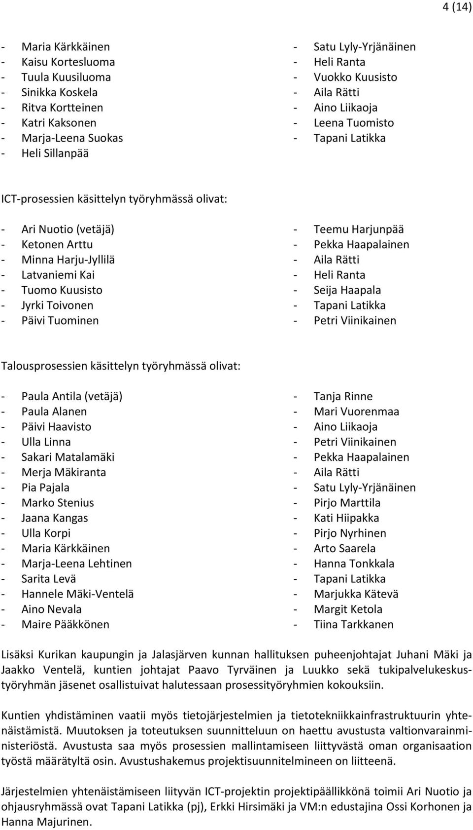 Kai - Tuomo Kuusisto - Jyrki Toivonen - Päivi Tuominen - Teemu Harjunpää - Pekka Haapalainen - Aila Rätti - Heli Ranta - Seija Haapala - Tapani Latikka - Petri Viinikainen Talousprosessien käsittelyn