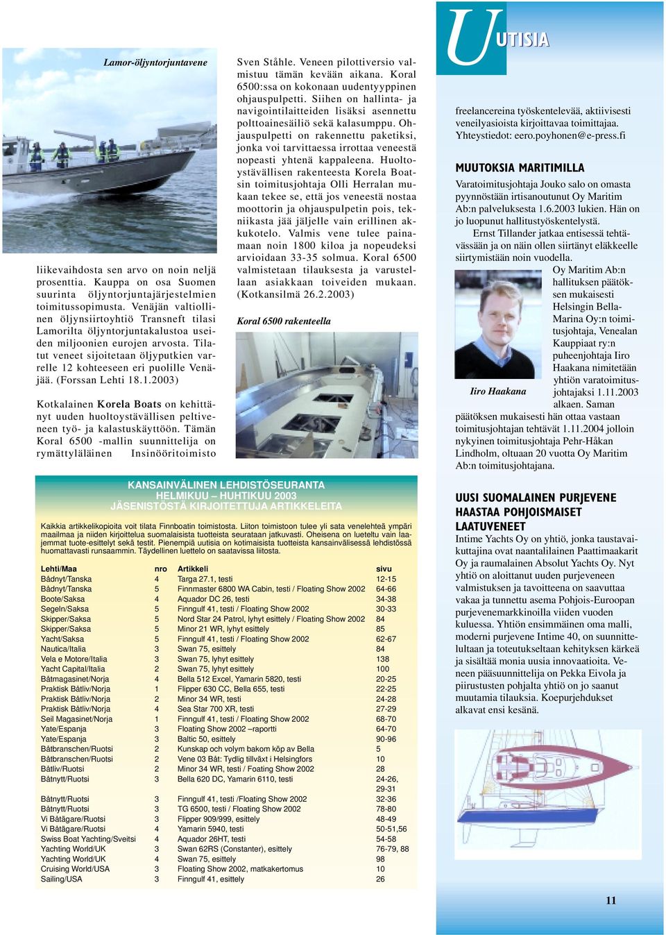 Tilatut veneet sijoitetaan öljyputkien varrelle 12 kohteeseen eri puolille Venäjää. (Forssan Lehti 18.1.2003) Kotkalainen Korela Boats on kehittänyt uuden huoltoystävällisen peltiveneen työ- ja kalastuskäyttöön.