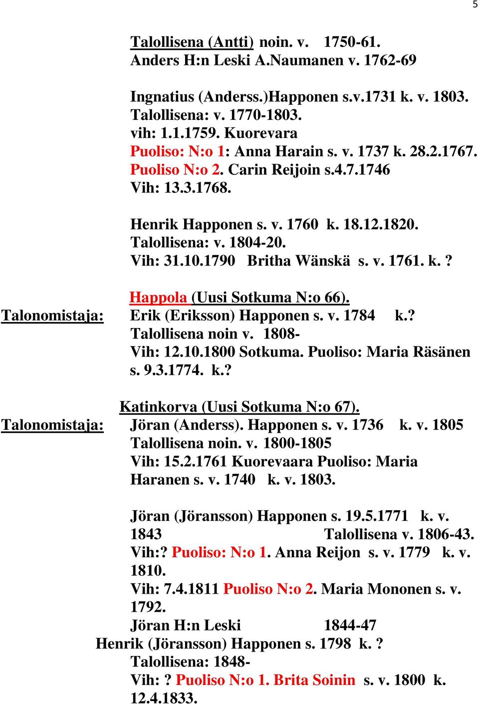 1790 Britha Wänskä s. v. 1761. k.? Happola (Uusi Sotkuma N:o 66). Talonomistaja: Erik (Eriksson) Happonen s. v. 1784 k.? Talollisena noin v. 1808- Vih: 12.10.1800 Sotkuma. Puoliso: Maria Räsänen s. 9.