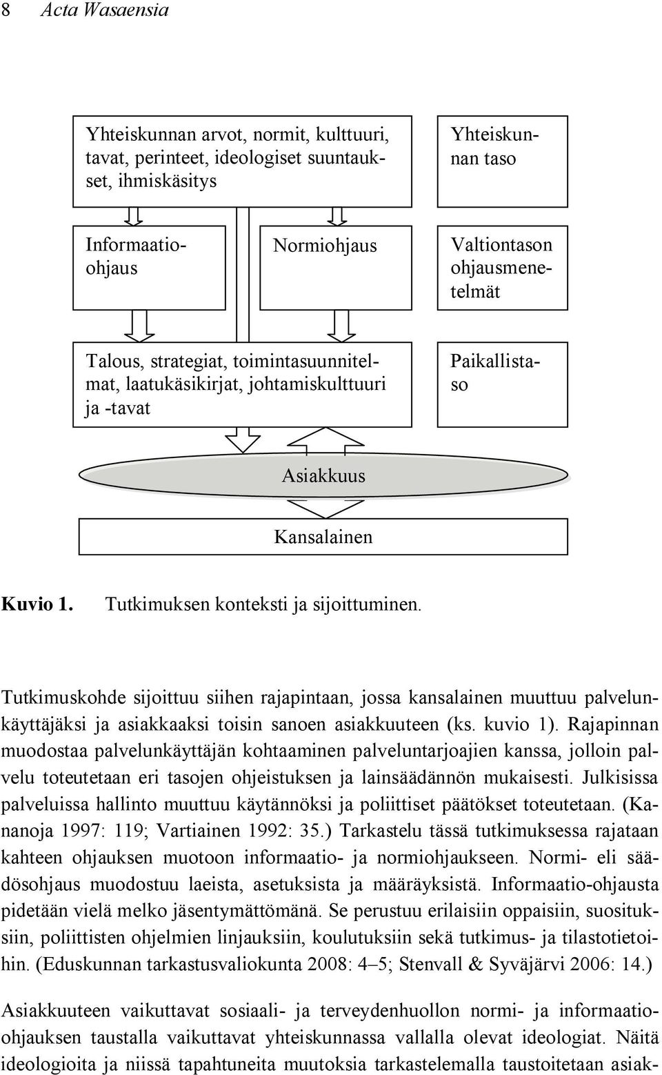 Näitä ideologioita ja niissä tapahtuneita muutoksia tarkastelemalla taustoitetaan asiak- Informaatioohjaus Normiohjaus Talous, strategiat, toimintasuunnitelmat, laatukäsikirjat, johtamiskulttuuri ja