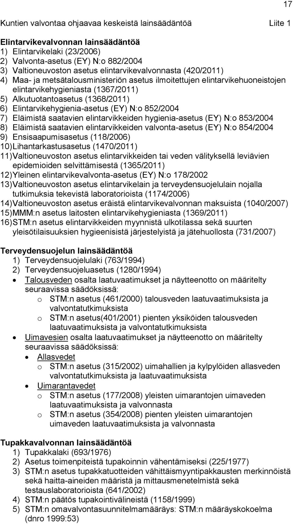 Elintarvikehygienia-asetus (EY) N:o 852/2004 7) Eläimistä saatavien elintarvikkeiden hygienia-asetus (EY) N:o 853/2004 8) Eläimistä saatavien elintarvikkeiden valvonta-asetus (EY) N:o 854/2004 9)