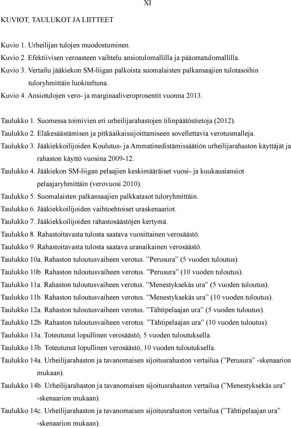 Suomessa toimivien eri urheilijarahastojen tilinpäätöstietoja (2012). Taulukko 2. Eläkesäästämisen ja pitkäaikaissijoittamiseen sovellettavia verotusmalleja. Taulukko 3.