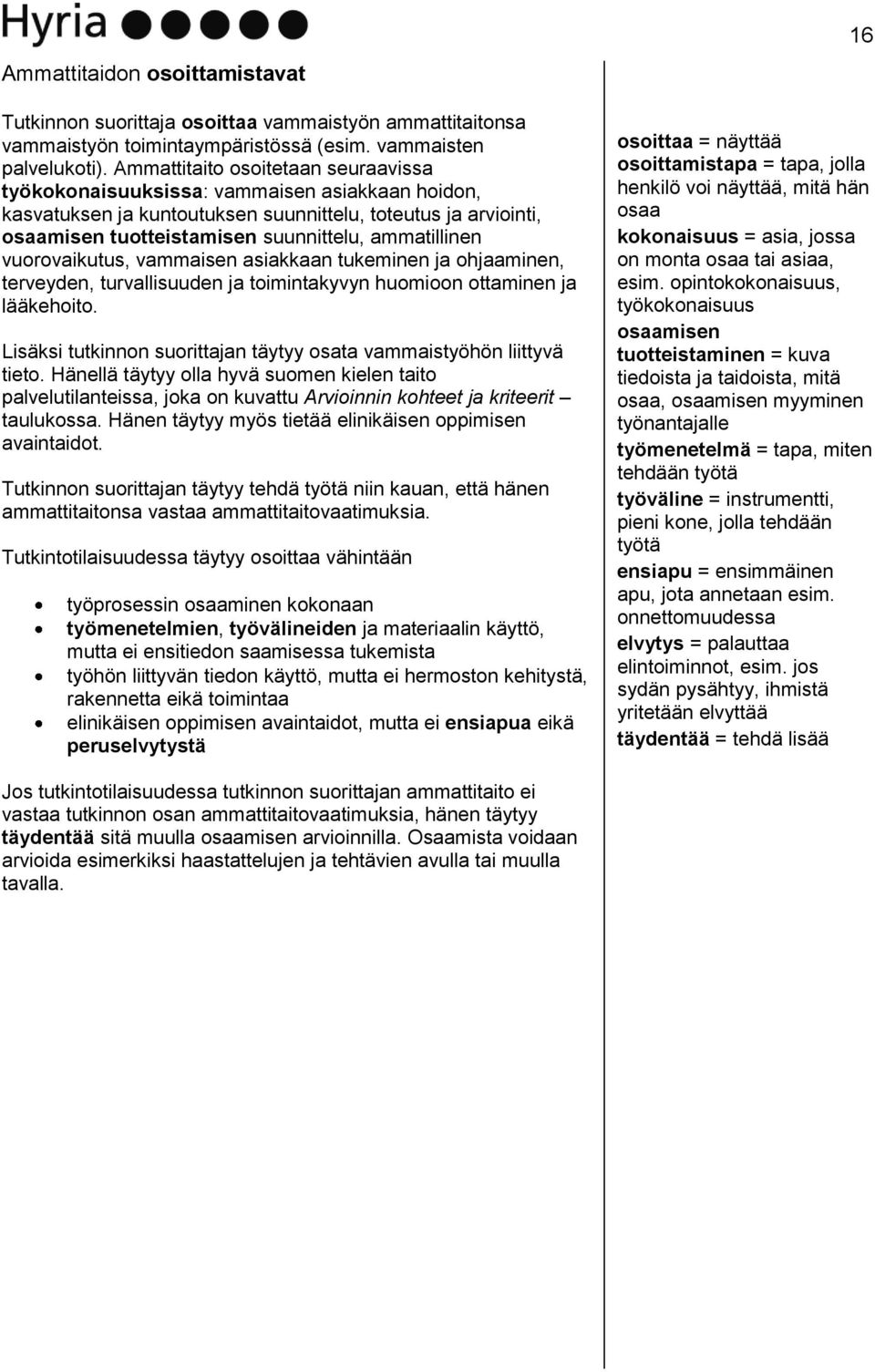 ammatillinen vuorovaikutus, vammaisen asiakkaan tukeminen ja ohjaaminen, terveyden, turvallisuuden ja toimintakyvyn huomioon ottaminen ja lääkehoito.