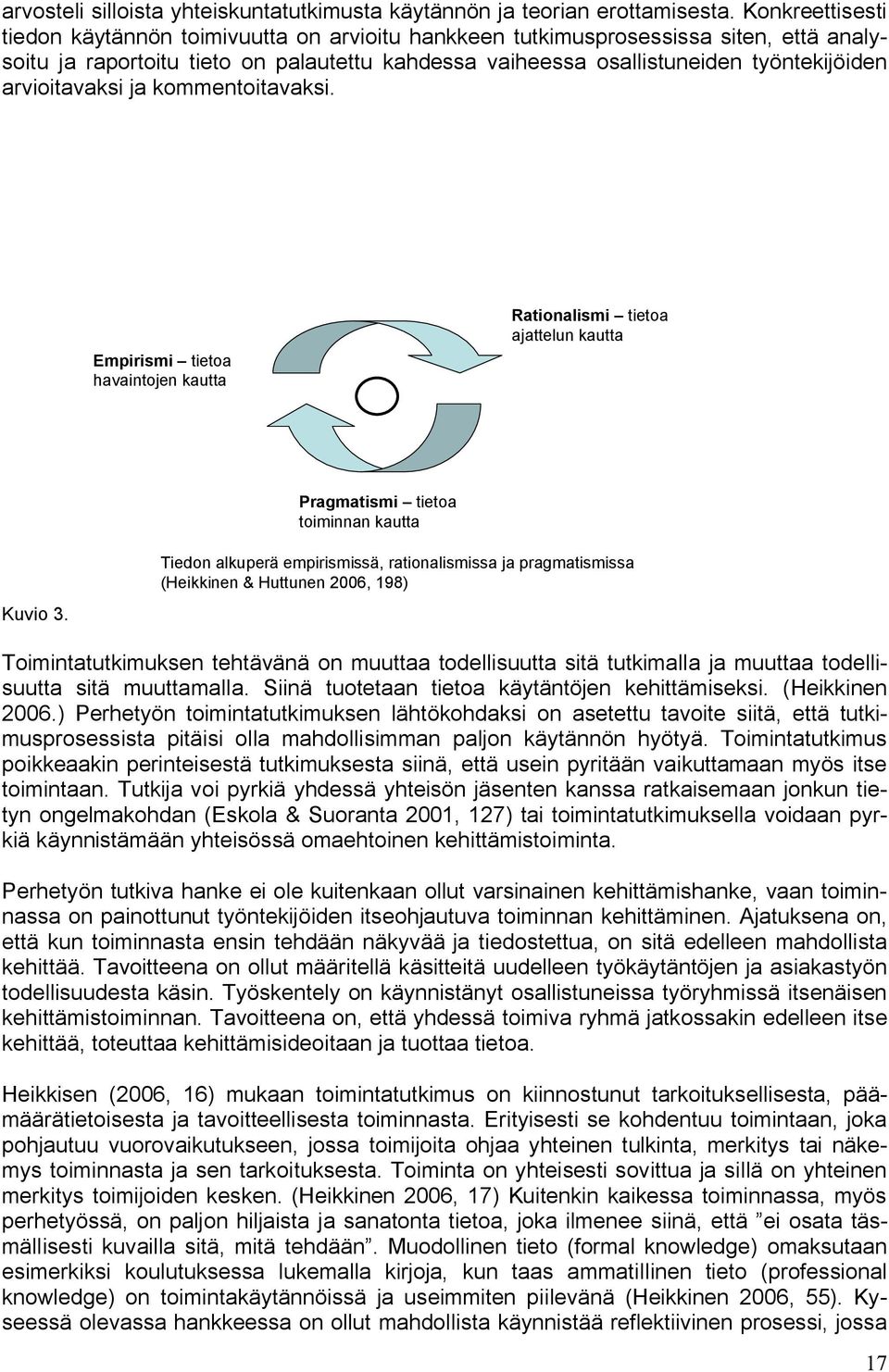 arvioitavaksi ja kommentoitavaksi. Empirismi tietoa havaintojen kautta Rationalismi tietoa ajattelun kautta Pragmatismi tietoa toiminnan kautta Kuvio 3.