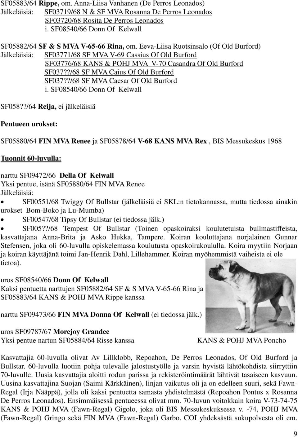Eeva-Liisa Ruotsinsalo (Of Old Burford) Jälkeläisiä: SF03771/68 SF MVA V-69 Cassius Of Old Burford SF03776/68 KANS & POHJ MVA V-70 Casandra Of Old Burford SF037??/68 SF MVA Caius Of Old Burford SF037?