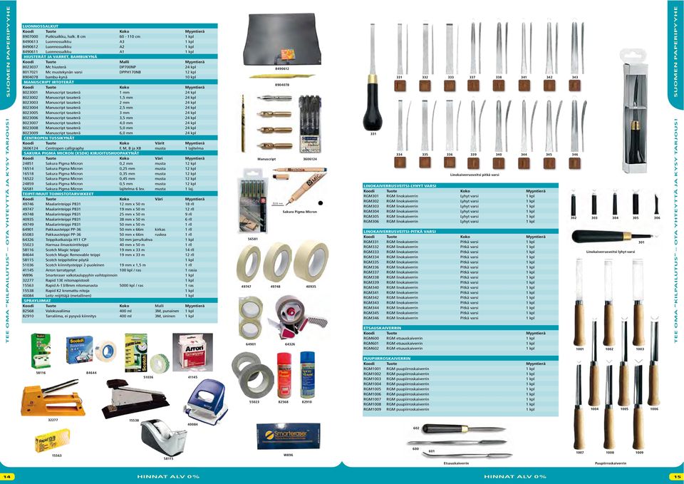 kpl 8017021 Mc mustekynän varsi DPPH170NB 12 kpl 8904078 bambu-kynä 10 kpl MANUSCRIPT IRTOTERÄT 8023001 Manuscript tasaterä 1 mm 24 kpl 8023002 Manuscript tasaterä 1,5 mm 24 kpl 8023003 Manuscript