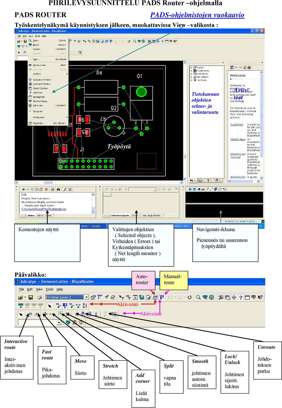 ) näyttö Navigointi-ikkuna Pienennös tai suurennon työpöydältä Päävalikko: Autorouter Manualroute Aktivointi Aktivointi Interactive route Inter- aktiivinen johdotus Fast route