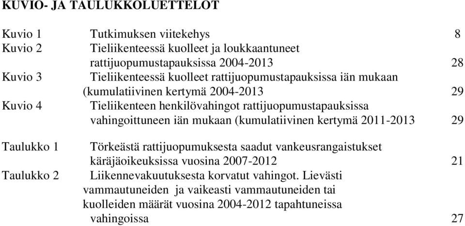 vahingoittuneen iän mukaan (kumulatiivinen kertymä 2011-2013 29 Taulukko 1 Taulukko 2 Törkeästä rattijuopumuksesta saadut vankeusrangaistukset käräjäoikeuksissa
