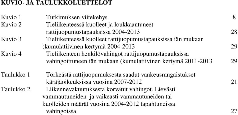 vahingoittuneen iän mukaan (kumulatiivinen kertymä 2011-2013 29 Taulukko 1 Taulukko 2 Törkeästä rattijuopumuksesta saadut vankeusrangaistukset käräjäoikeuksissa