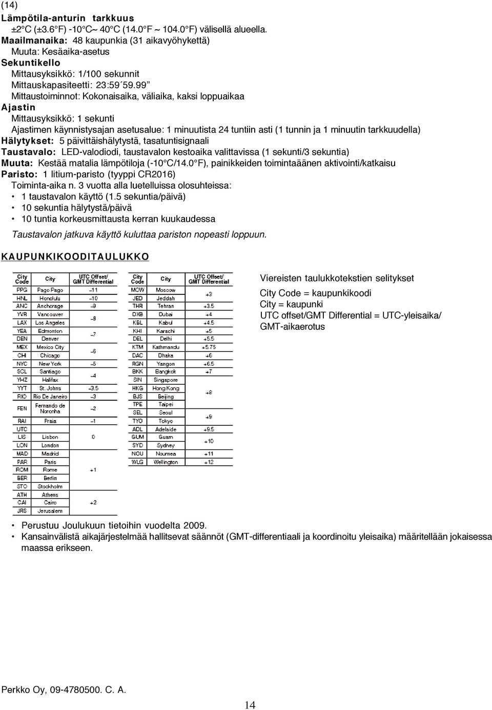 99 Mittaustoiminnot: Kokonaisaika, väliaika, kaksi loppuaikaa Ajastin Mittausyksikkö: 1 sekunti Ajastimen käynnistysajan asetusalue: 1 minuutista 24 tuntiin asti (1 tunnin ja 1 minuutin tarkkuudella)