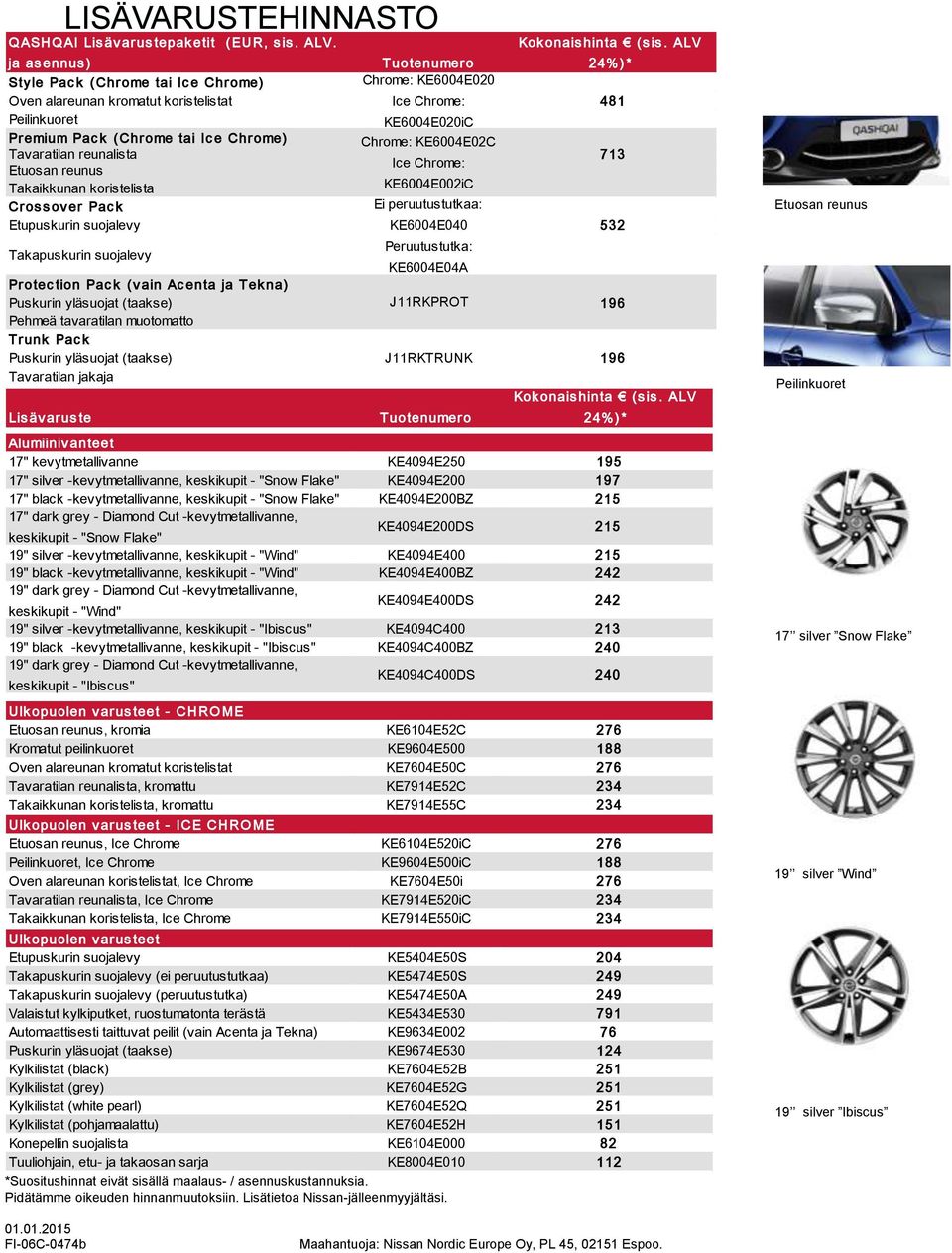 Ic e Chrome) Chrome: KE6004E02C Tavaratilan reunalista Ice Chrome: Etuosan reunus 713 Takaikkunan koristelista KE6004E002iC Cros s ov er Pac k Ei peruutustutkaa: Etupuskurin suojalevy KE6004E040 532