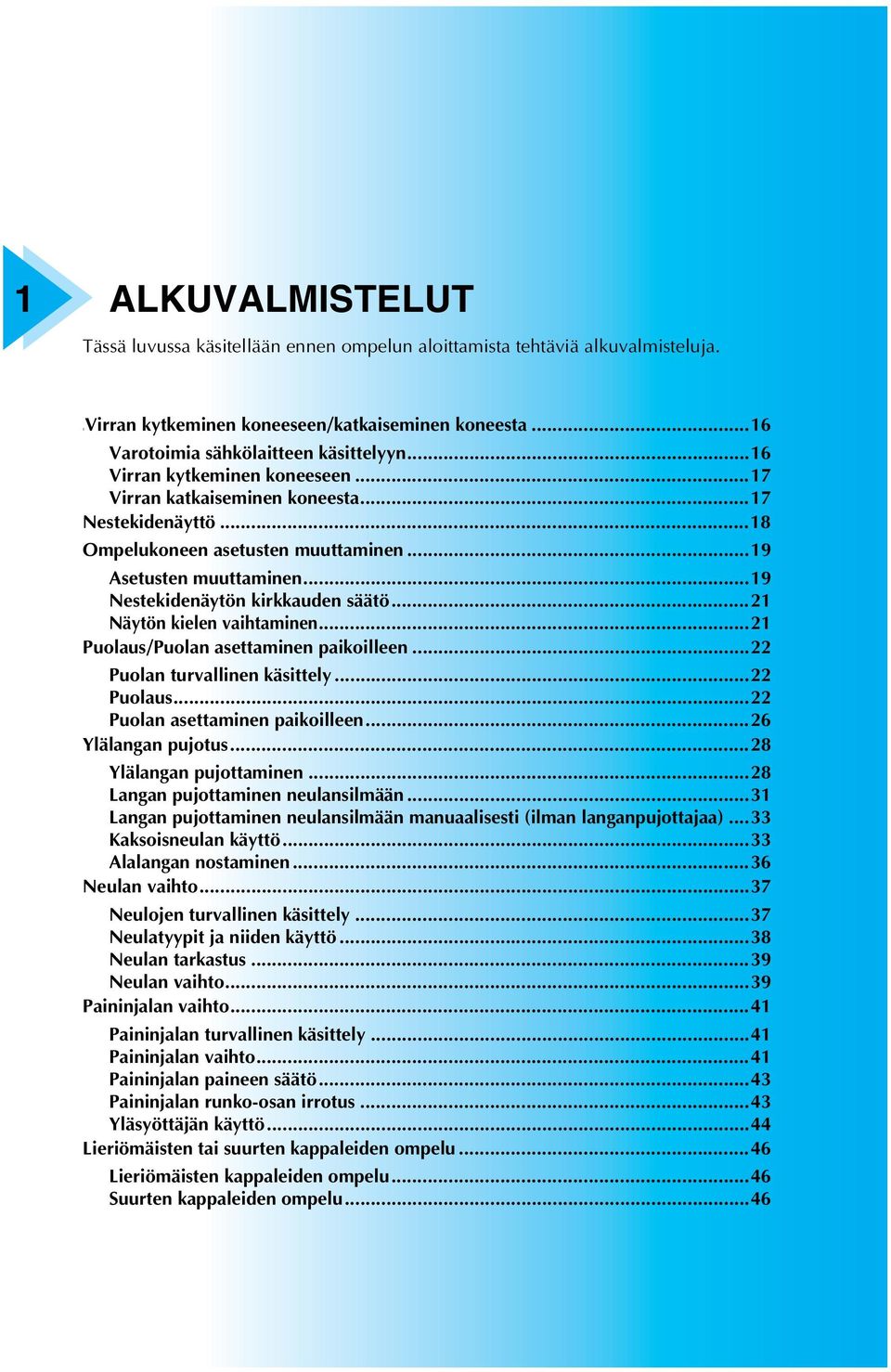 ..2 Näytön kielen vihtminen...2 Puolus/Puoln settminen pikoilleen...22 Puoln turvllinen käsittely...22 Puolus...22 Puoln settminen pikoilleen...26 Ylälngn pujotus...28 Ylälngn pujottminen.