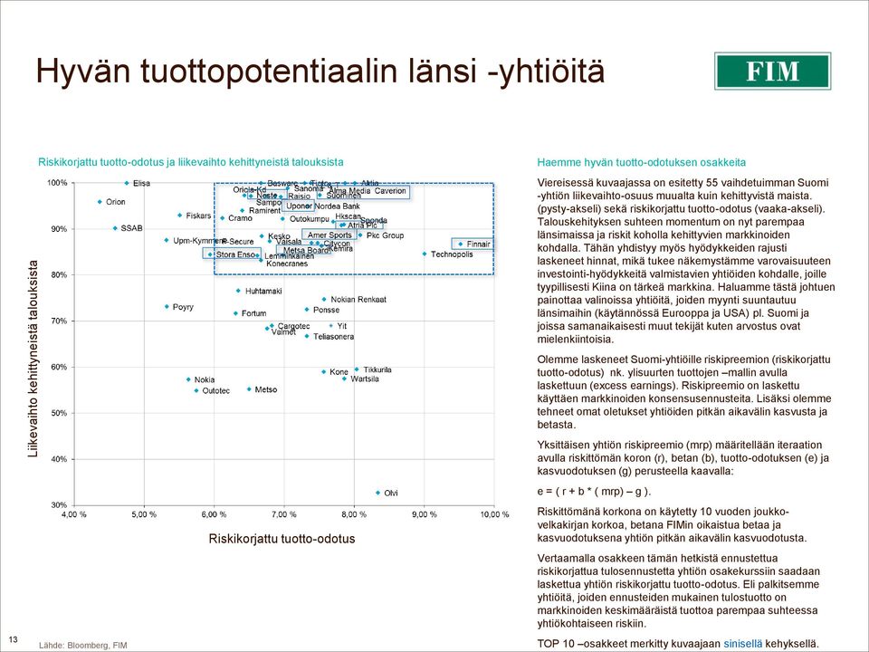 (pysty-akseli) sekä riskikorjattu tuotto-odotus (vaaka-akseli). Talouskehityksen suhteen momentum on nyt parempaa länsimaissa ja riskit koholla kehittyvien markkinoiden kohdalla.