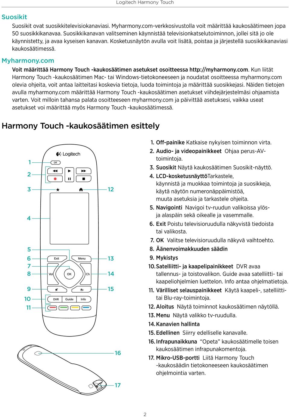 Kosketusnäytön avulla voit lisätä, poistaa ja järjestellä suosikkikanaviasi kaukosäätimessä. Myharmony.com 