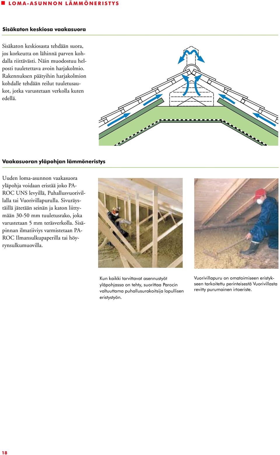 Vaakasuoran yläpohjan lämmöneristys Uuden loma-asunnon vaakasuora yläpohja voidaan eristää joko PA- ROC UNS levyillä, Puhallusvuorivillalla tai Vuorivillapurulla.