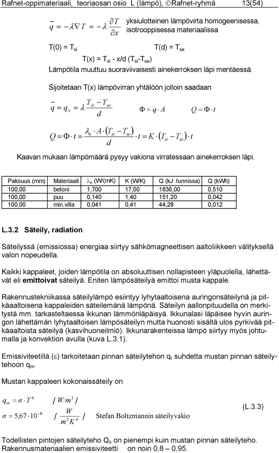 Sijoitetaan T(x) lämpövirran yhtälöön jolloin saadaan Tsi Tse q qx λ Φ q A d λn A Q Φ t d ( T T ) si se t K Kaavan mukaan lämpömäärä pysyy vakiona virratessaan ainekerroksen läpi.