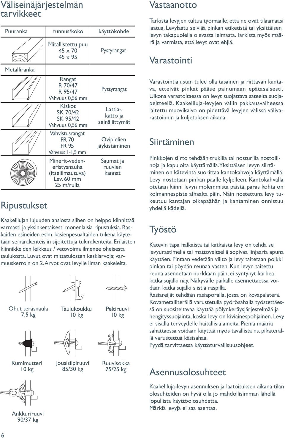 60 mm 25 m/rulla käyttökohde Pystyrangat Pystyrangat Lattia-, katto ja seinäliittymät Ovipielien jäykistäminen Saumat ja ruuvien kannat Vastaanotto Tarkista levyjen tultua työmaalle, että ne ovat