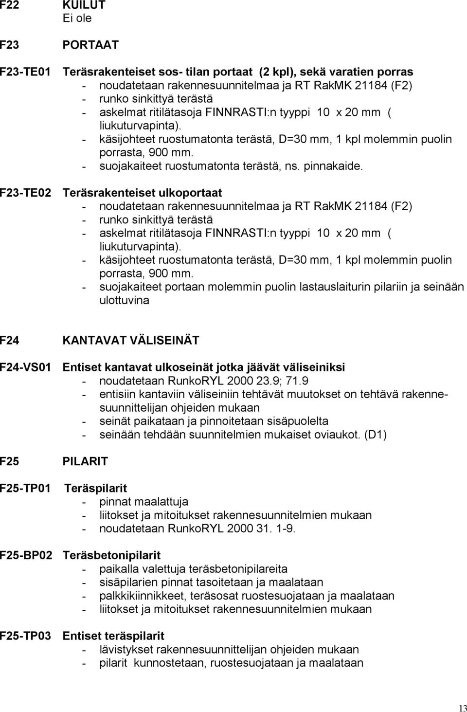 pinnakaide. Teräsrakenteiset ulkoportaat - noudatetaan rakennesuunnitelmaa ja RT RakMK 21184 (F2) - runko sinkittyä terästä - askelmat ritilätasoja FINNRASTI:n tyyppi 10 x 20 mm ( liukuturvapinta).