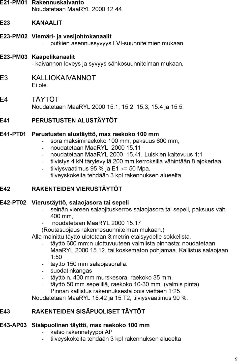 5. PERUSTUSTEN ALUSTÄYTÖT Perustusten alustäyttö, max raekoko 100 mm - sora maksimiraekoko 100 mm, paksuus 600 mm, - noudatetaan MaaRYL 2000 15.11 - noudatetaan MaaRYL 2000 15.41.