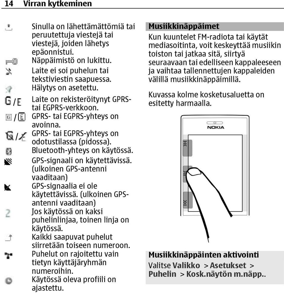 GPS-signaali on käytettävissä. (ulkoinen GPS-antenni vaaditaan) GPS-signaalia ei ole käytettävissä. (ulkoinen GPSantenni vaaditaan) Jos käytössä on kaksi puhelinlinjaa, toinen linja on käytössä.