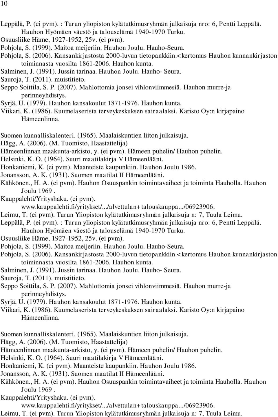 Salminen, J. (1991). Jussin tarinaa. Hauhon Joulu. Hauho- Seura. Sauroja, T. (2011). muistitieto. Seppo Soittila, S. P. (2007). Mahlottomia jonsei vihlonviimmesiä. Hauhon murre-ja perinneyhdistys.