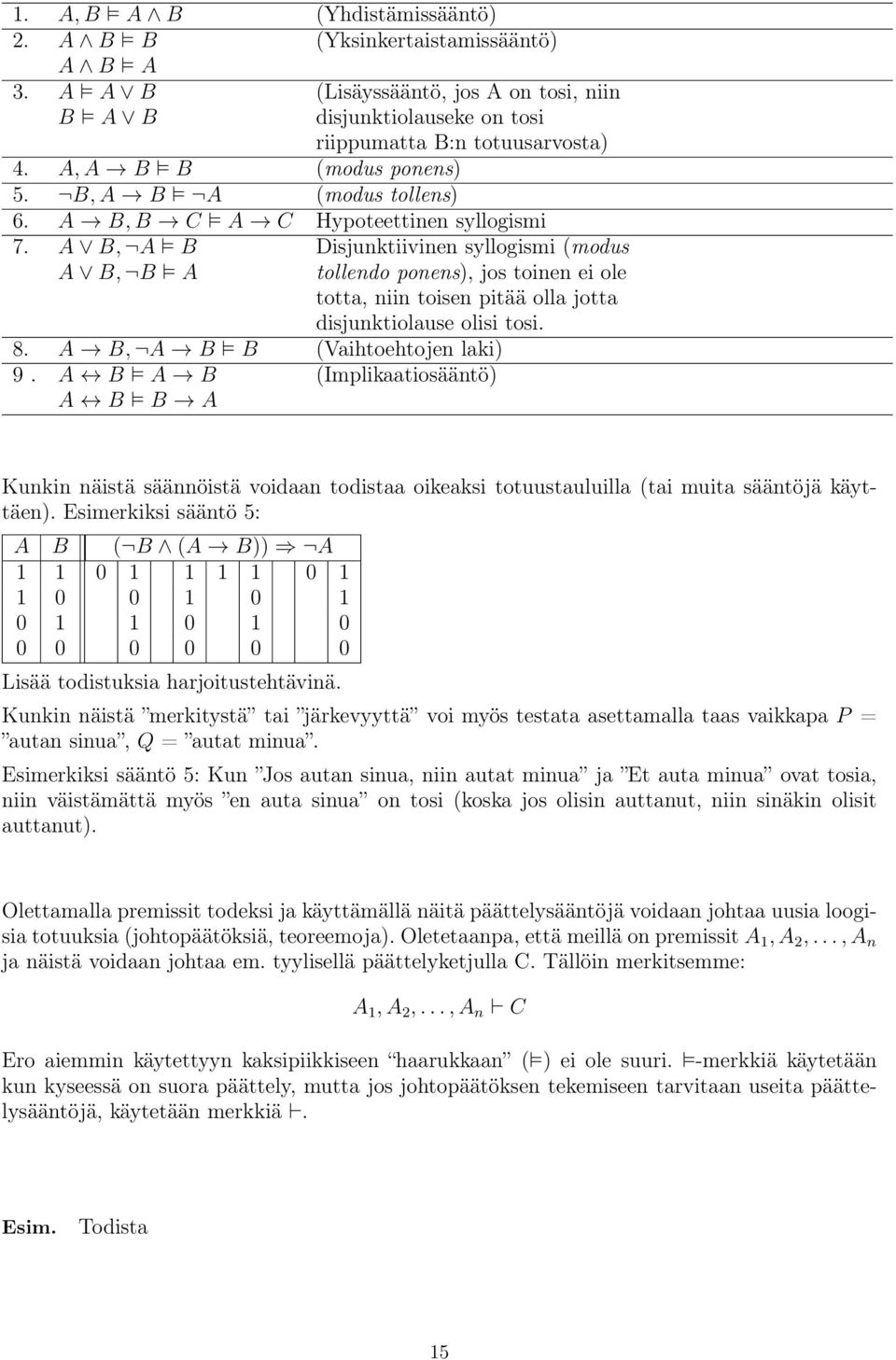 A B, A B A B, B A Disjunktiivinen syllogismi (modus tollendo ponens), jos toinen ei ole totta, niin toisen pitää olla jotta disjunktiolause olisi tosi. 8. A B, A B B (Vaihtoehtojen laki) 9.