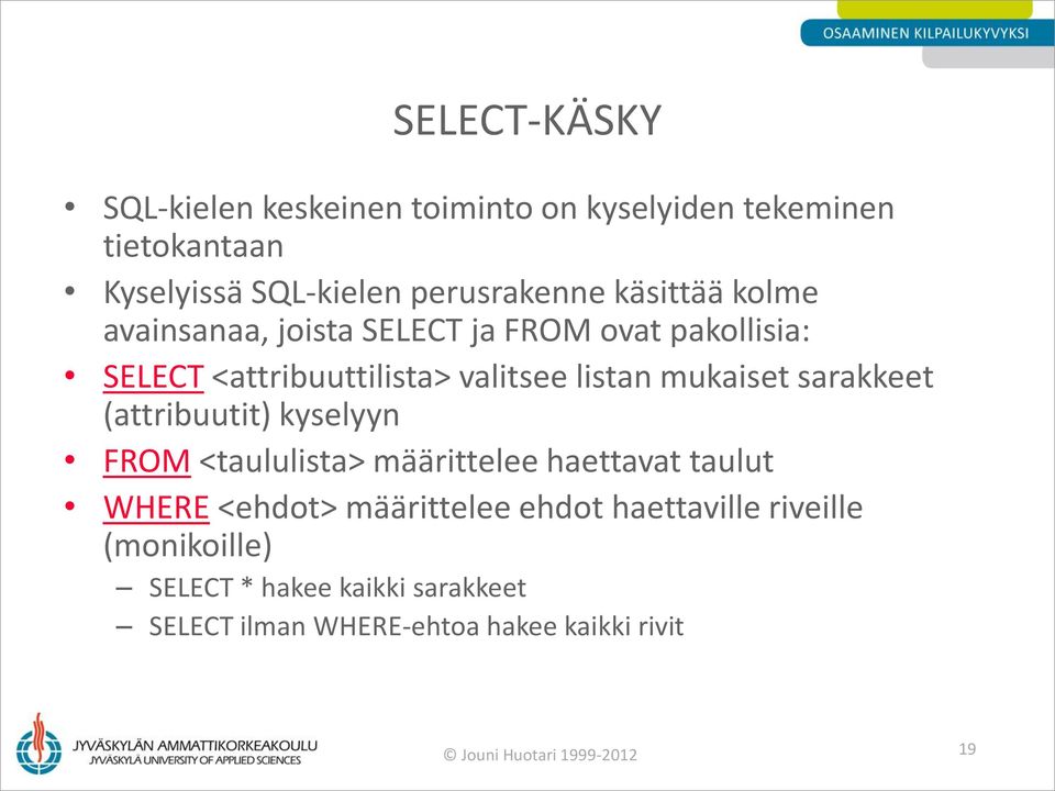 sarakkeet (attribuutit) kyselyyn FROM <taululista> määrittelee haettavat taulut WHERE <ehdot> määrittelee ehdot